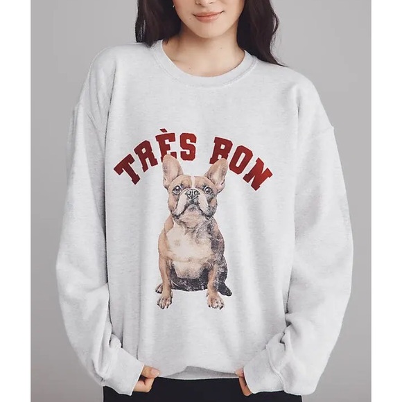 Anthropologie Tops - 37) NWOT Anthropologie Oversized Dog Graphic Sweatshirt Grey Frenchie minor flaw